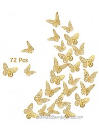 3D Gold Butterfly Wall Decals 72Pcs 3 Sizes 3 Styles Removable Srickers Wall Deccor Room Mural for Party Cake Decoration Metallic Fridge Sticker Kids Bedroom Nursery Classroom Wedding Decor DIY Gift Gold