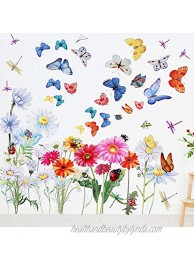 65 Pieces Chrysanthemums Flowers Butterflies Dragonflies Wall Decal Flowers Vines Garden Vinyl Wall Decals Stickers Removable Peel and Stick for Kids Room Nursery Classroom Bedroom Decor Colorful