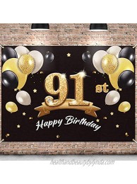 PAKBOOM Happy 91st Birthday Banner Backdrop 91 Birthday Party Decorations Supplies for Men Black Gold 4 x 6ft