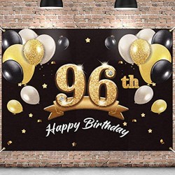PAKBOOM Happy 96th Birthday Banner Backdrop 96 Birthday Party Decorations Supplies for Men Black Gold 4 x 6ft
