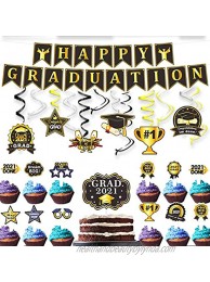 wongmode Happy Graduation Banner Set Decor Black Gold Foiled for Hanging Swirl Streamers and Cake Topper and Cupcake Topper Party Decorations Supplies
