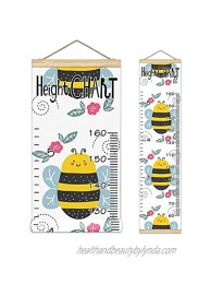 Kids Growth Chart Ruler for Wall Wood Frame Height Measure Chart 13.4x56 in Linen Hanging Height Growth Chart Cute Cartoon Bee Pattern Red Floral Kids Room Decor