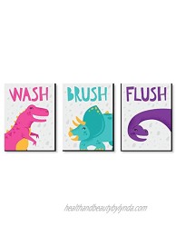 Big Dot of Happiness Roar Dinosaur Girl Kids Bathroom Rules Wall Art 7.5 x 10 inches Set of 3 Signs Wash Brush Flush