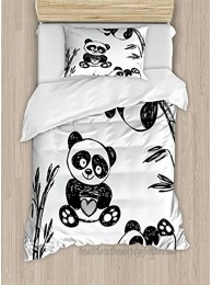 Ambesonne Panda Duvet Cover Set Cheerful Animal Different Poses Bamboo Branch Painting Print Decorative 3 Piece Bedding Set with 2 Pillow Shams Twin Size Black White