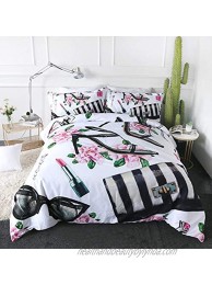 ARIGHTEX Fashion Duvet Cover Set Modern Bedding Sets High Heel Shoes Perfumes Lipstick Sunglasses Watercolor Female Pattern 3 Pieces Stylish Bed Set for Teen Girls Queen