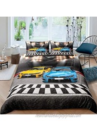 Sports Car Comforter Cover Set Extreme Sports Decor Duvet Cover Set for Kids Boys Yellow Blue Race Car Bedding Set Cool Speed Competitive Racing Car Quilt Cover Room Decor 3Pcs Full Size,Zipper
