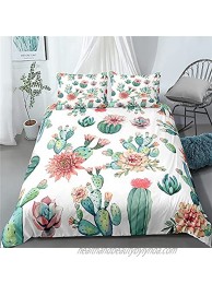 Sunnycitron Cactus Duvet Cover Watercolor Cacti Pattern Printed 3 Pcs Bedding Set for Girl Women Bouquet of Thorny Plants Blossoms Green Purple Decorative Quilt Cover Full Size with 2 Pillowcases