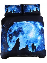 Wowelife 3D Galaxy Wolf Bedding Kids Wolf Bed Set Twin Blue Moonlight 4-Pieces with 1 Duvet Cover,1 Flat Sheet and 2 Pillow Cases Comforter and Fitted Sheet Not IncludedQueen