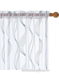 Deconovo White Sheer Curtains with Stripe Pattern Voile Embroidered Rod Pocket Drapes for Bedroom Kids Room 2 Panels 52x72 Inch Agate Green