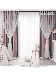FlySheep Star Cutout Blackout Curtains 2 Panels for Kids Girls Bedroom Double Layer of Fabric & Tulle Star Cut Out Sparkle Gradient Stripe Window Curtains 2 in 1 Pink Gray Stripes 52x63 inches