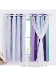 NICETOWN Curtains for Girls Bedroom Mix and Match Kids Curtains 63-inch Long Starry Drapes Overlapped with White Sheer for Nursery Room 1 Pair = 108-inch Wide Teal & Purple 4 Tie Backs Included