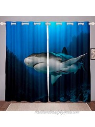 Shark Blackout Curtain for Bedroom Ocean Marine Life Room Darkening Curtain for Kids Boys Teens 3D Shark Print Thermal Curtain Sea Animal Pattern Blackout Drapes,52 X 84 Inch,2 Panels