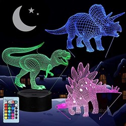 3D Dinosaur Night Light for Kids VSATEN 3D Illusion Lamp 3-Pattern & 16 Colors Change Decor Nightlight with Remote Control for Living Bed Room Bar Best Dinosaur Toys Gifts for Boys Girls 3 Packs