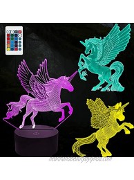 HONGID 3D Unicorn Night Light for Kids,3D Illusion Lamp 3-Pattern & 16 Colors Change Decor Nightlight with Remote Control for Bed Room Bar Best Unicorn Toys Gifts for Boys Girls