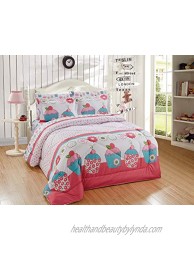 Better Home Style Multicolor Pink Turquoise Green Floral Cupcakes Printed Fun Design 7 Piece Comforter Bedding Set for Girls Kids Bed in a Bag with Sheet Set # Turquoise Cupcake Full
