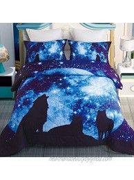 DECMAY 3D Galaxy Wolf Bedding Twin Wolf Blue Moonlight 3 Pieces with 1 Comforter and 2 Pillow Cases Box Stitched Durable Quilt Set for Children and Adults,Twin Size