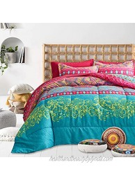 FlySheep Bohemian Tribal Style Comforter Set Twin Size for Kids Colorful Boho Pink and Blue Printed 3 Pieces Bedding Set Soft Microfiber for All Season