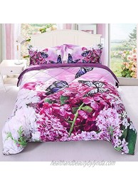 Purple Orchid Comforter Sets Full Size 3 Pieces Teen Girls Quilted Bedspread Coverlet Kids Comforter Sets Butterfly Flower Bedding Sets Full
