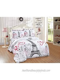 Smart Linen Kids Teens Girls Comforter Bedding Set with Sheets Paris Eiffel Tower Hearts Flowers White Black Pink White Twin Size