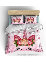 WishColorful Unicorn Comforter Bedding Sets Queen Size for Girls,3 Piece Pink Cute Glitter Tropical Floral Horn Unicorn Lashes Printed Bedroom Quilt Sets Decor