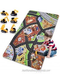 Kids Play Mat Playroom Rug 3D City Engineering Rugs Carpet with 8 Two-way Hot Wheels Track 6 Mini Engineer Pull Back Car Toys and Non-slip Design for Boys Toddlers Playroom Bedroom Decor67’’x35’’