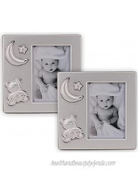 Embossed Metal Silver Baby And Child Photo Frame Set of 2 Sweet Little Bear And Moon Star Hold Photo 7 x 10 cm