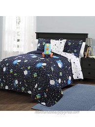 Lush Decor Navy Universe Quilt | Outer Space Stars Galaxy Planet Rocket Reversible 4 Piece Bedding Set for Kids-Twin