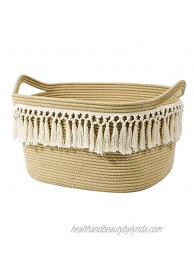 CherryNow Rectangle Woven Basket Tassel Cotton Rope Storage Basket with Handles for Books Magazines Toys Diapers – Decorative Storage Bin for Nursery Living Room Bathroom 17'' x13.8'' x10.5''