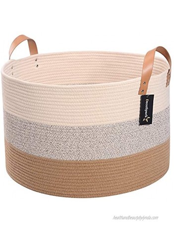 Decospark XXXL Extra Large Cotton Rope Basket For Toy And Blanket Storage | 21.7" x 13.8" | Beach Bin With Soft Long Handles | Decorative Home Organizer Ideal For Living Room Baby Clothes And Laundry