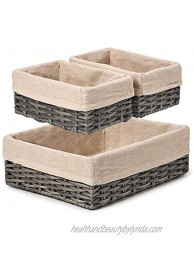 EZOWare Set of 3 Resin Woven Storage Baskets with Fabric Liner Decorative Wicker Tray Drawer Organizer Bin Containers for Bathroom Living Room Bedroom Kitchen 2 Sizes Gray
