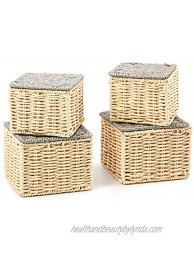 EZOWare Set of 4 Paper Rope Lidded Stackable Storage Baskets Woven Braided Organizer Bins with Lid for Small Household Items Beige & Gray