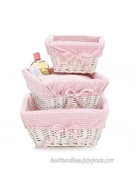 Set of 3 Baby Girl Nursery Storage Baskets White Willow with Pink Cotton Gingham Fabric