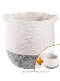 TerriTrophy 2pc Large Woven Storage Basket with Handles 17" x 16" Laundry Hamper Rope Basket,Large Basket Blanket Basket Toy Basket Pillow Basket for Nursery