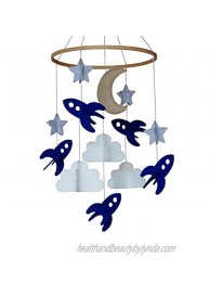 Baby Crib Mobile by Baby Sanda Spaceships Stars Clouds and Moon Navy Blue Gray White and Tan