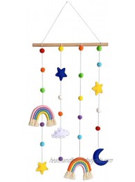 URMAGIC Macrame Rainbow Wall Hanging for Nursery Room,Rainbow Hanging Photo Display with Pom Pom Ball and 25 Photo Clips,Wood Mobile Bed Bell with Moon,Cloud and Stars,Baby Crib Hanging Toys