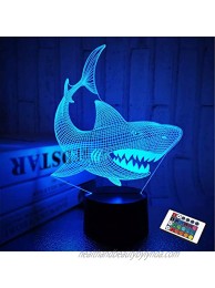 Shark 3D Illusion Night Light Animal Touch Table Desk Lamp with Remote Control 16 Colors Optical USB LED Nightlight for Kids Holiday Gift Room Decoration