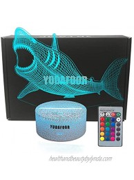 YODAFOOR 3D Illusion Shark Night Lights for Kids Megalodon Shark Toy Christmas Birthday Gifts for Boys Girls Kids Baby 7 Colors Remote Control Desk Night Lamp Megalodon