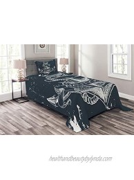 Ambesonne Marine Bedspread Nautical Knot Compass Anchor Pattern Sea World Ocean Life Grunge Illustration Decorative Quilted 2 Piece Coverlet Set with Pillow Sham Twin Size Blue White
