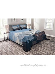 Ambesonne Mountain Bedspread Frozen Peaks Tops of The Mountain with a Flying Eagle Free in Nature Photo Decorative Quilted 3 Piece Coverlet Set with 2 Pillow Shams Queen Size White Brown