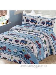 Kids Zone Home Linen 3pc Full Queen Bedspread Coverlet Quilt Set for Boys Multi-Color Train Choo-Choo Rail Roads Tracks Wagon Blue White Red