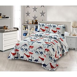 Smart Linen Kids Quilt Coverlet Bedspread Bedding Set for Children Toddlers Boys Dinosaurs Blue Red White New # Dinosaur 1 Full  Queen