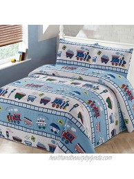 Smart Linen Kids Toddlers Boys Bedspread Coverlet Quilt Bedding Set with Pillowcase Choo Choo Train Traffic Light Blue Navy Red Yellow Green White New # Bedspread 2014120 Twin  XL Twin