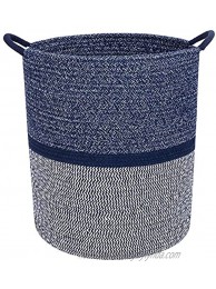 Celebraby Cotton Rope Basket Woven Baskets with Handles for Laundry Blankets Nursery Baby & Kids Toys Organizing Storage Hamper-16x13.5" Natural and Soft Navy Blue & White for Living Room Decor