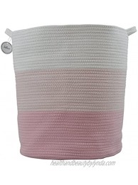 Cotton Rope Basket for Storage and Organization in Baby Nursery or Kids Room | Extra Large 18? x 16? Decorative Laundry Hamper Organizer for Blankets Towels Toys Books | Pink White