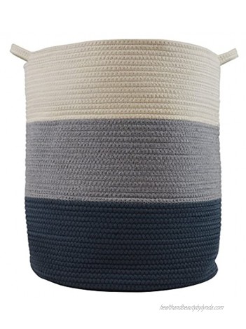 Cotton Rope Basket for Storage and Organization in Baby Nursery or Kids Room | Extra Large 18” x 16” Decorative Laundry Hamper Organizer for Blankets Towels Toys Books | Blue Grey Off-White