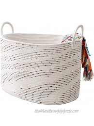 LA JOLIE MUSE Large Cotton Rope Blanket Basket Soft Woven Laundry Basket for Blankets Toys Yoga Mat Soft Nursery Storage 21"L x 15"W x 13"H Oval Off White with Blue & Brown Dotted Pattern