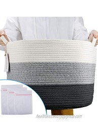 Large Cotton Rope Storage Basket: Baby Laundry Woven Basket 21.7 x 21.7 x 13.8 Inch Nursery Toy Basket Bedroom Living Room Floor Blanket Basket 87L Added with 3 Laundry Bags