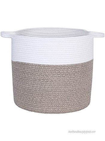 lumflew Cotton Rope Basket 13''×13'' with Handle Rope Coil Basket for Baby Laundry Nursery Basket,Toy Blanket Towel Storage White & Light Brown