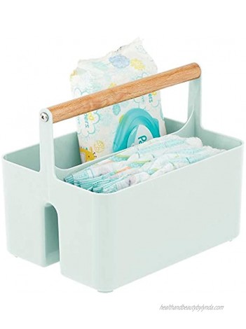 mDesign Plastic Portable Nursery Storage Organizer Caddy Tote Divided Basket Bin with Wood Handle Holds Bottles Spoons Bibs Pacifiers Diapers Wipes Baby Lotion Mint Green
