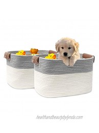 MIEMIE Cotton Rope Baskets Set of 2 Woven Basket for Storage 15'' x 11'' x 9'' Medium Rectangular Storage Basket with Leather Handles for Organizing Magazines Kids Toys Clothes Blankets Graying